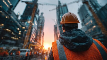 Construction worker observing urban development at sunset cityscape photography industrial environment rear view