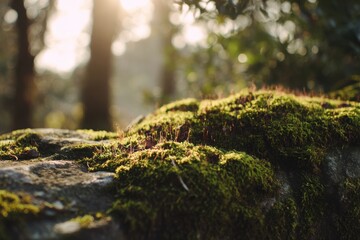 Lush Green Moss Covering a Stone in a Sunlit Forest A Close Up View of Nature s Beauty
