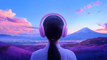 Woman in Lavender Field Wearing Purple Headphones at Sunset, Mountain View
