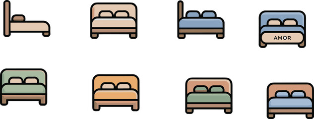Colorful vector bed icons collection with pillows and headboards – modern bedroom furniture illustrations for hotel, interior design, sleep, comfort and accommodation concepts