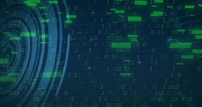 Navy-blue HUD initiating code and binary streams, visualizing data flow for system monitoring
