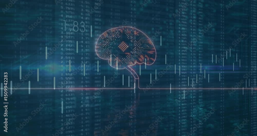 Poster emerging neon brain syncing nodes with drifting chart bars above pink line visualizing data trends