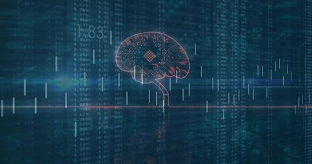 Emerging neon brain syncing nodes with drifting chart bars above pink line visualizing data trends - Powered by Adobe