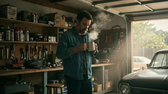 Man enjoying steaming coffee while standing in a garage workshop  