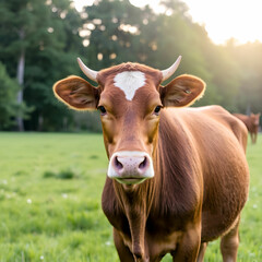 A serene brown cow with a distinctive white patch on its forehead, majestically standing in a peaceful pasture.