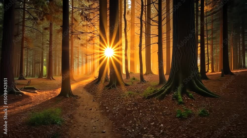 Poster sunlight streaming through trees in a tranquil forest pathway