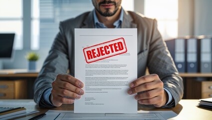 Close-up of "Rejected" document in hands in office setting
