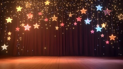 A school talent show stage decorated with stars and string lights