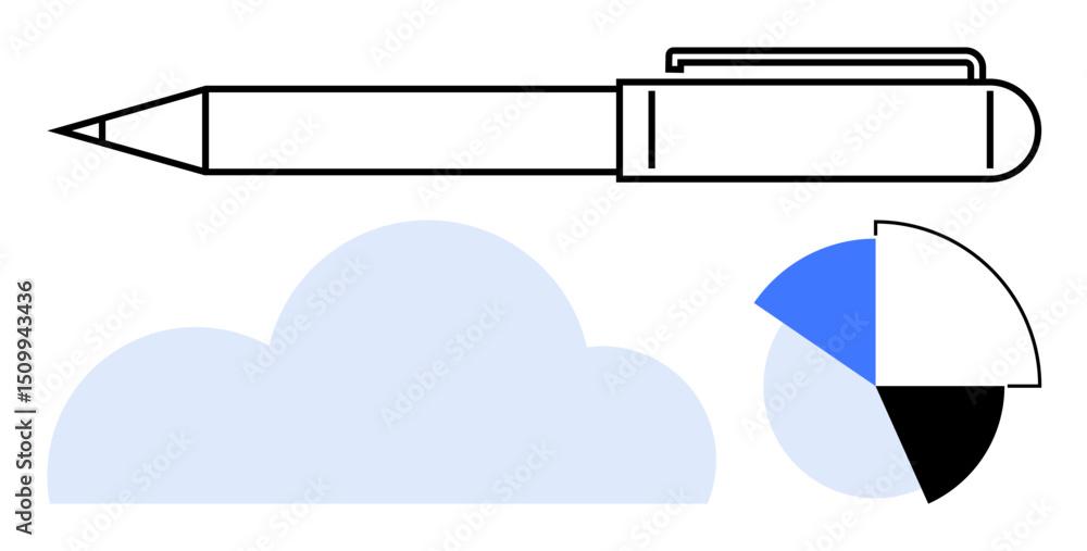 Poster pen symbolizes writing and ideas, semicircular pie chart conveys data analysis, cloud hints at digit