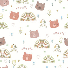 Hand drawn bears, rainbows, flowers and hearts. Vector seamless pattern.