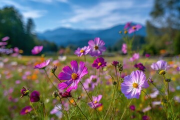 Obraz premium Vibrant Cosmos Flowers Blooming in a Sunny Field with Mountain Background