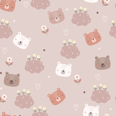 Hand drawn bears, flowers, clouds and hearts. Vector illustration with cartoon animals, seamless pattern.