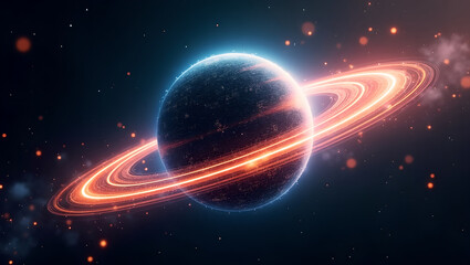 Glowing Cosmic Planet with Vibrant Rings in Dark Space