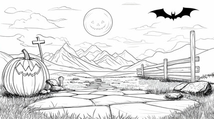 Spooky Halloween Night Landscape with Bat Silhouette