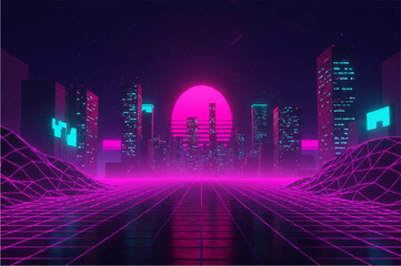  Retro Sci-Fi Landscape with Pink and Blue Grid