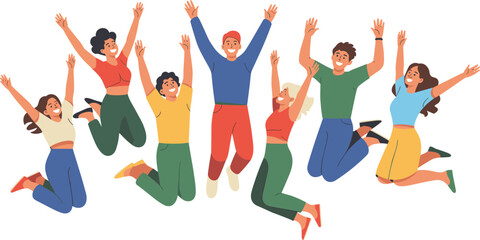 Happy diverse group of young people jumping with excitement, celebrating success, unity, teamwork, friendship and positive energy, flat vector illustration for lifestyle and wellness concepts