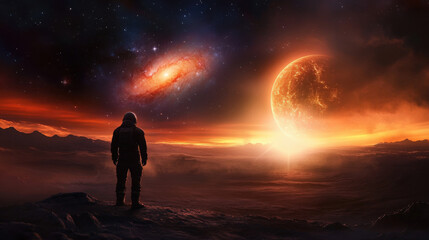 Fototapeta premium Solitary Figure in Alien Landscape: A lone figure stands silhouetted against a breathtaking alien landscape, gazing at a fiery planet and a distant spiral galaxy in an awe-inspiring cosmic vista.