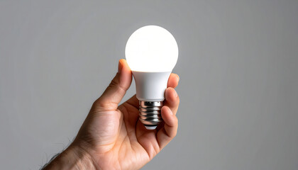 Human hand gently holds glowing LED light bulb against soft gray background
