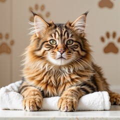 Maine Coon cat resting on a stack of white towels in a cozy laundry room,  cat lying on clean towels
