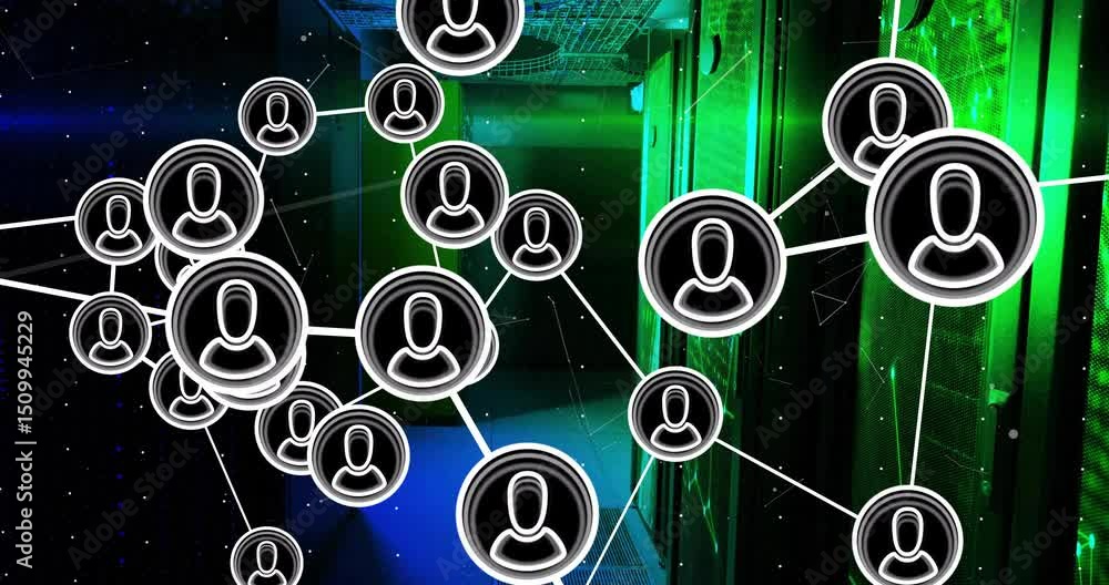 Poster drifting circles multiplying and linking into 3d user nodes then dispersing to show data flow