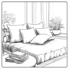 Minimalist Bedroom Interior with Cozy Bedding and Decorative Pillows in Serene Atmosphere Featuring Indoor Plants and Contemporary Furnishings.