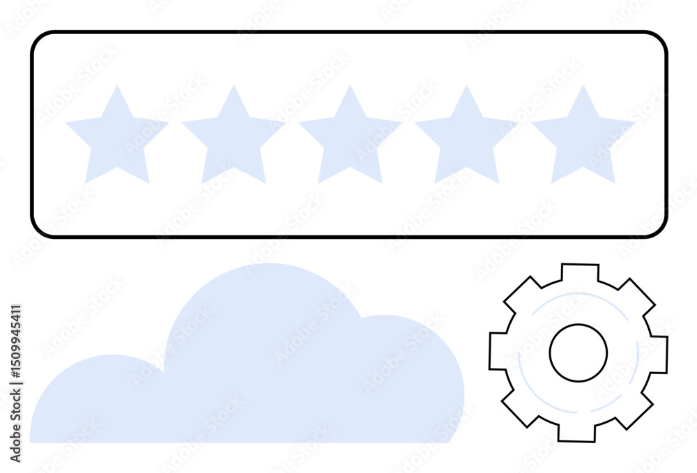 Poster five stars in a row above a cloud and gear icon representing quality, cloud computing, and optimizat