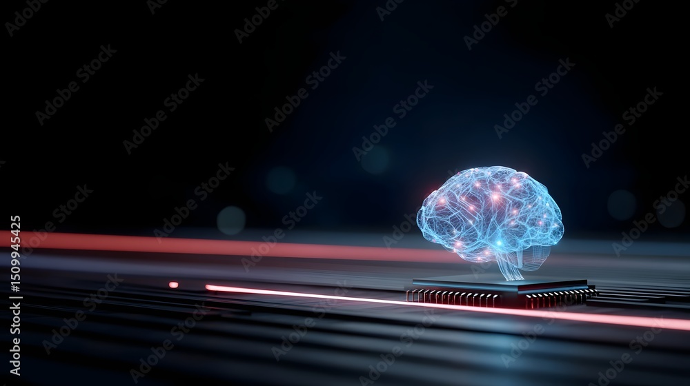 Poster glowing neural brain on a microchip