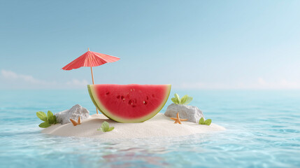 Surreal Watermelon Island with Miniature Beach Details