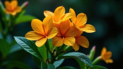 Fototapeta premium Vibrant Golden Blooms with Dewdrops on Lush Green Foliage, a Close-Up Botanical Image