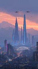 Futuristic cityscape at dusk with neon lights and drones flying