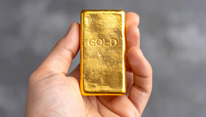A Human hand gently holds shiny gold bar against soft industrial background