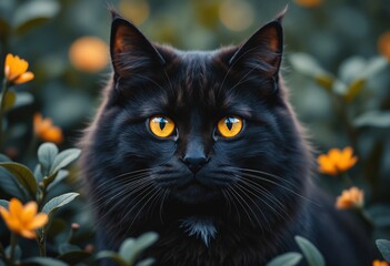 Enchanting Black Cat with Glowing Eyes Amidst Dark Foliage