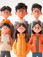 Naklejka premium A simple 3D cartoon character portrait illustrations of 6 different quirky young adult characters. The background color should be white to create contrast