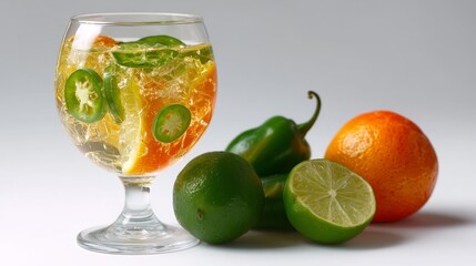 Fototapeta premium Refreshing Spicy Jalapeno Margarita Cocktail with Citrus Fruits on a White Background