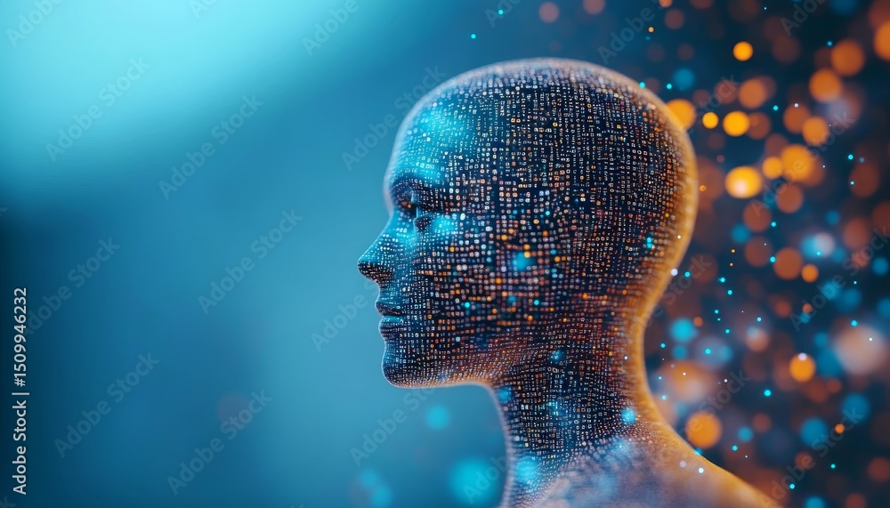 Poster ai digital consciousness, portrait of a futuristic code head with glowing particles. 3d render.