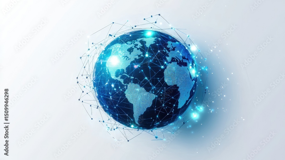 Poster stunning digital globe visualization featuring interconnected nodes representing global communicatio