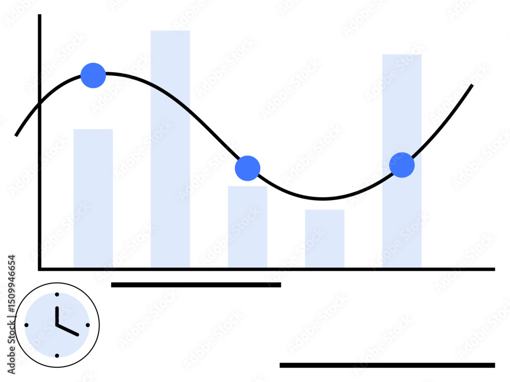 Poster data chart with bars and smooth curve, points highlighted in blue, small clock symbol. ideal for ana