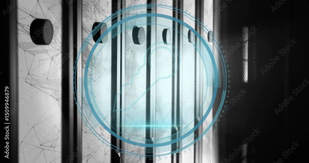 Poster fading cyber security starting growing hud ring scanning beam forming pulsing key icon for security