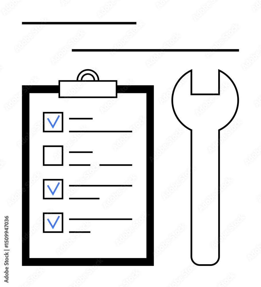 Poster clipboard with checklist featuring ticked boxes next to a wrench, representing task organization, ma