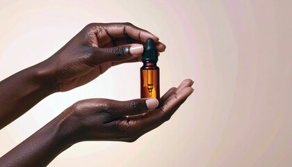 A Person holding small amber bottle with dropper, symbolizing skincare or beauty products. background is soft gradient