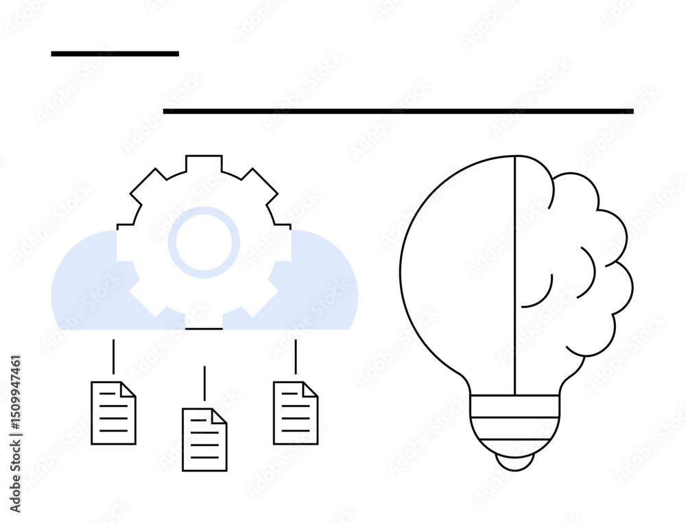 Poster gear inside cloud with documents linked below, adjacent to half-brain lightbulb. ideal for technolog