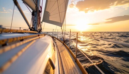 Professional photography of a sailboat sailing on calm sea waters at sunset, soft orange-brown sky