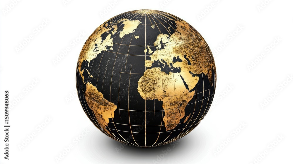 Poster elegant 3d globe featuring gold and black design with detailed maps of continents and distinct latit