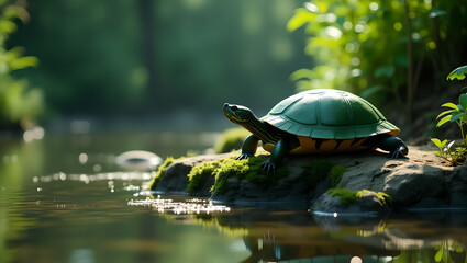 Fototapeta premium Green Turtle on Mossy Rock by Peaceful Pond in Sunlight