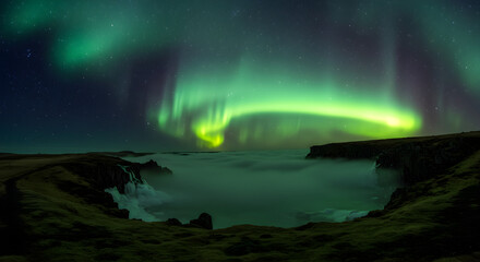 Dramatic Northern Lights Over Breathtaking Landscape With Cascading Waterfall