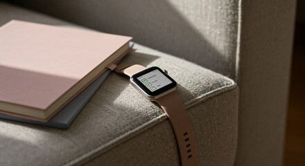 Smartwatch resting on sofa beside a pink notebook in natural light  