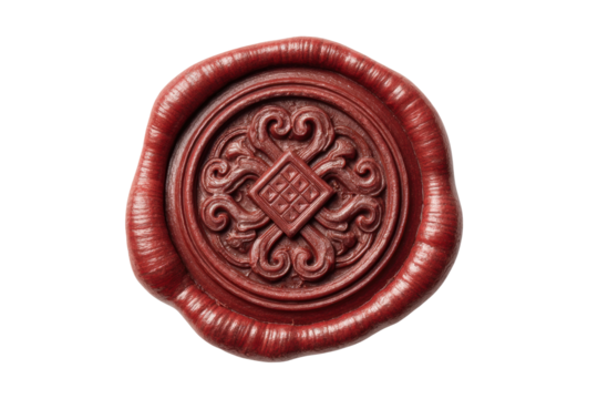 PNG Detailed red wax seal with intricate pattern on black background