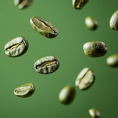 Floating green coffee beans on vibrant green background, highlighting raw, unroasted beans&mdash;ideal for organic, health, or coffee industry visuals.
