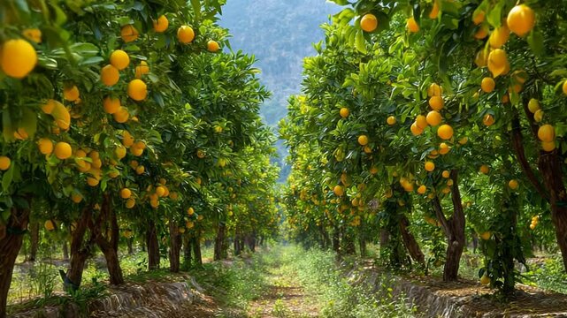 Orange Grove Rows with Ripe Fruit on Trees in Daytime Sunlight