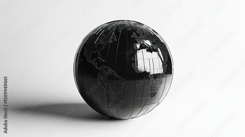 Poster modern black and white globe on a minimalistic surface with world map outline for artistic and educa